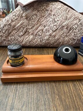 Levenger Wooden Desk Ink Stand with Brown Wood Base and Black Inkwell
